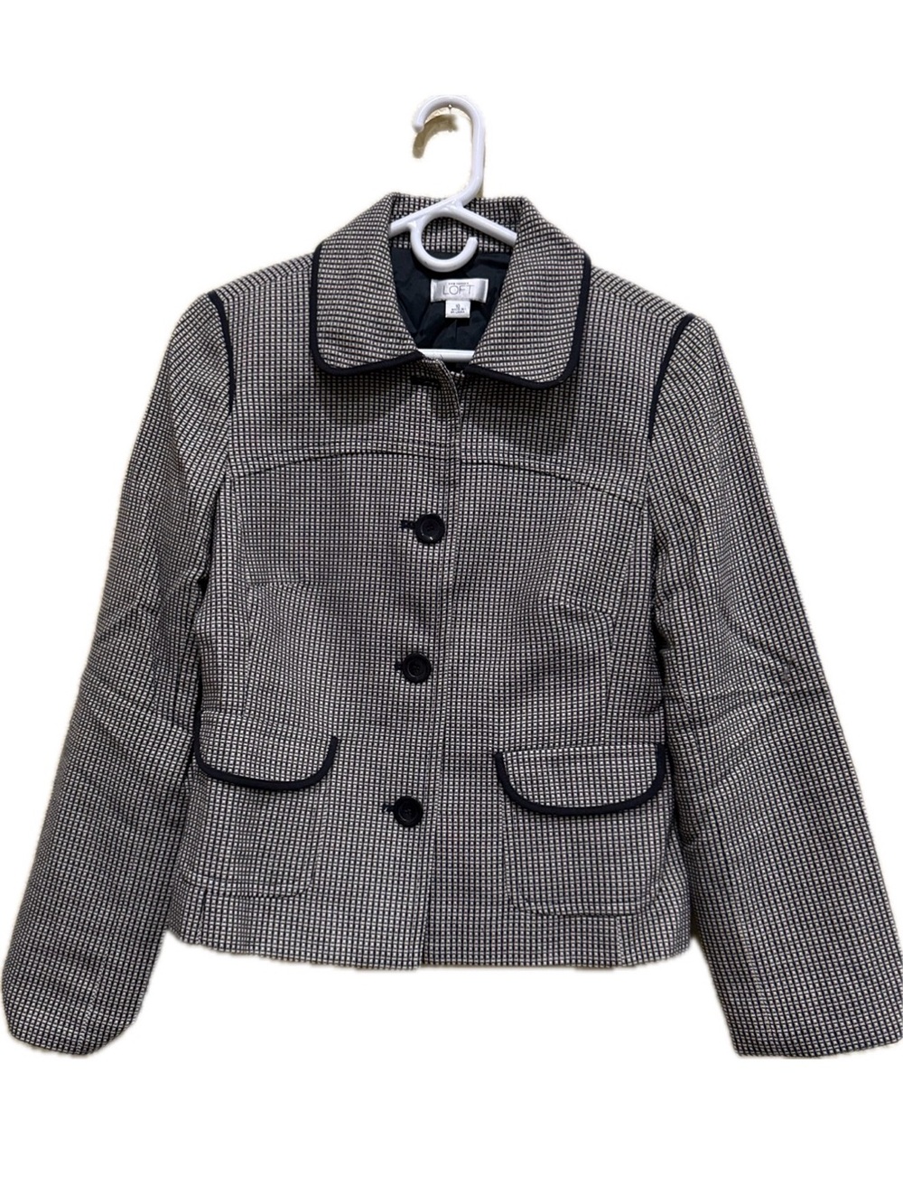 LOFT Grid Pattern Blazer Jacket Size 10 Peter Pan Collar Black White